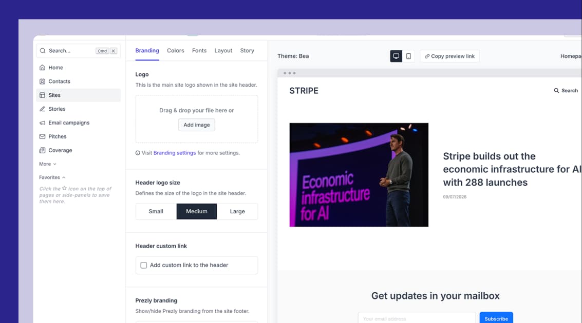 Brandfetch Case Study - Prezly's newsroom styling, prefilled with the customer's brand
