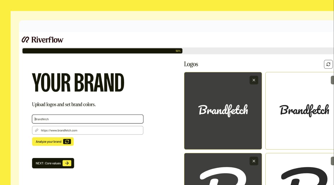 Brandfetch Case Study - Riverflow's onboarding, fully branded from a single URL